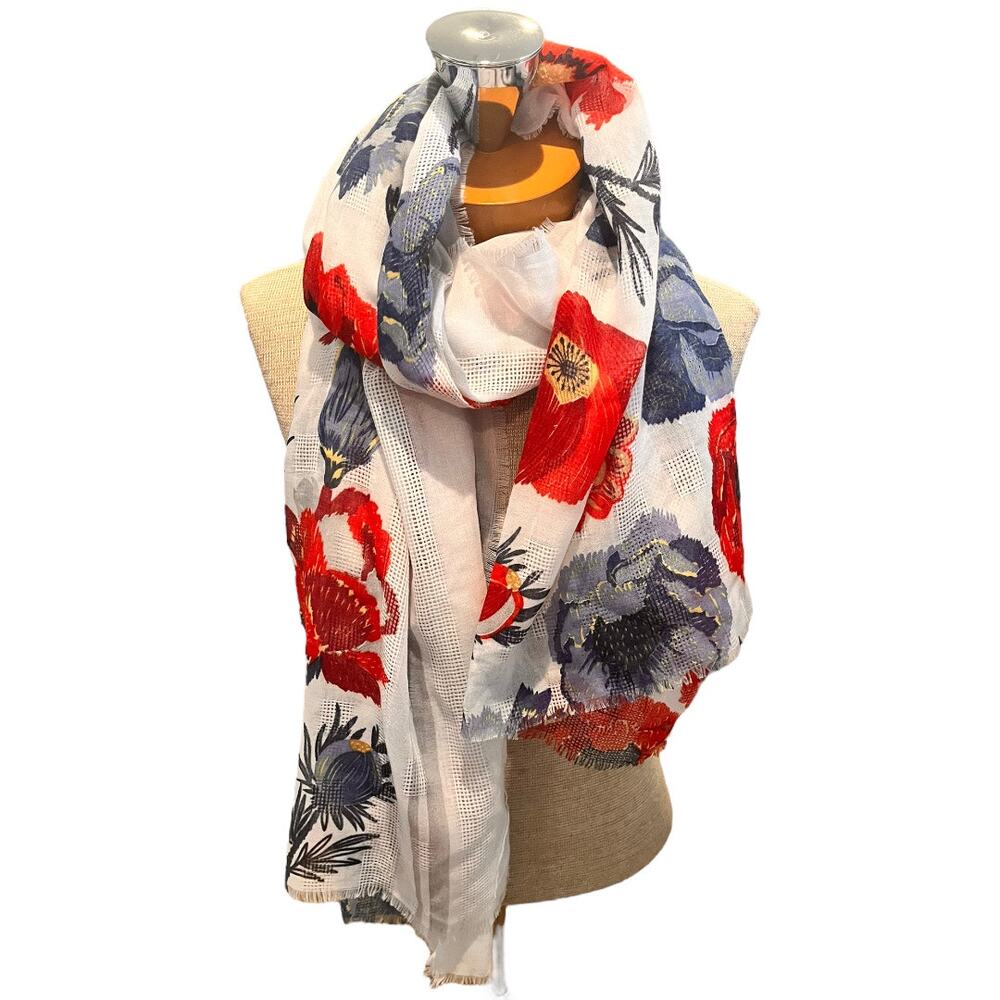Womens Scarf Rectangular Floral Red Gray Fall Fringed butter Yellow Fall